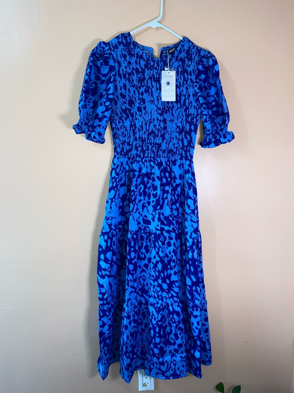 Blue Smocked Midi Dress with Abstract Print